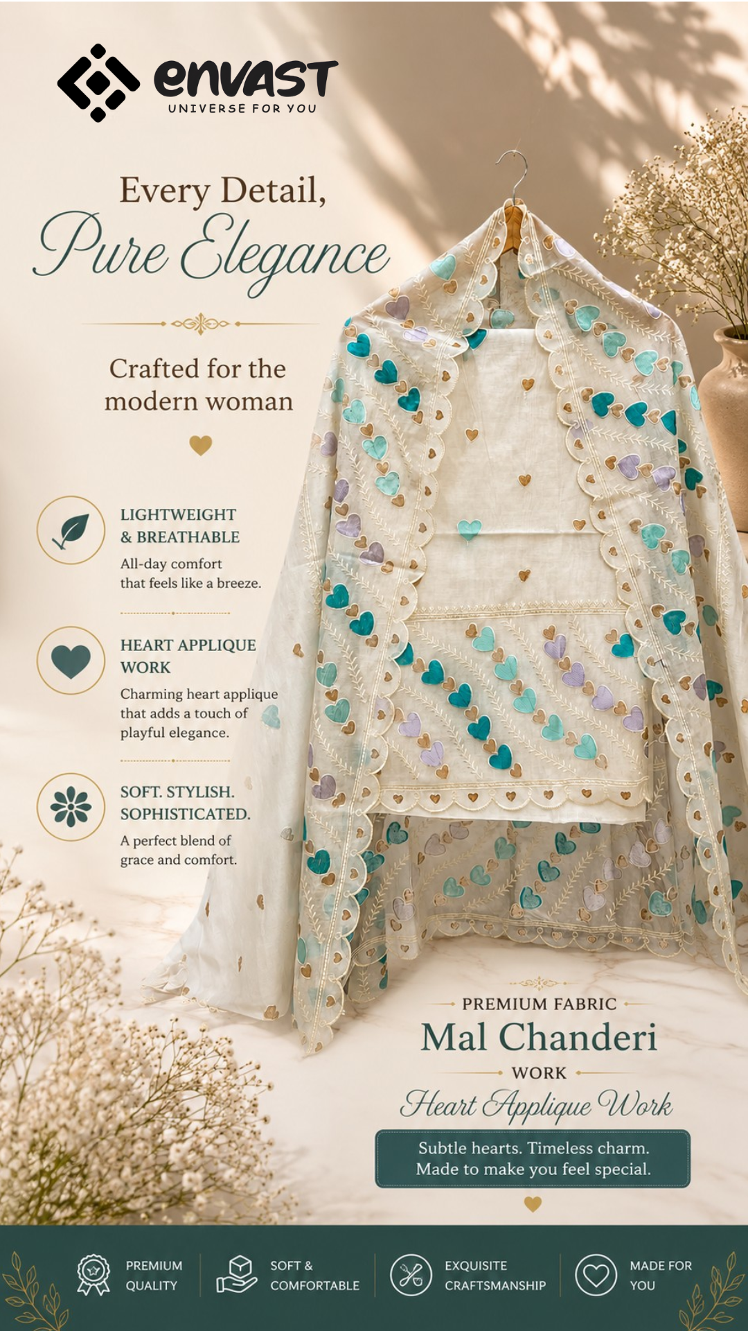Premium Mal Chanderi Heart Appliqué Work Unstitched Suit Material – Ivory