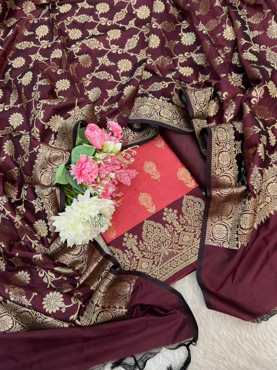 Banarasi Silk Pink-Maroon Jacquard Zari Booti Contrast Border Suit