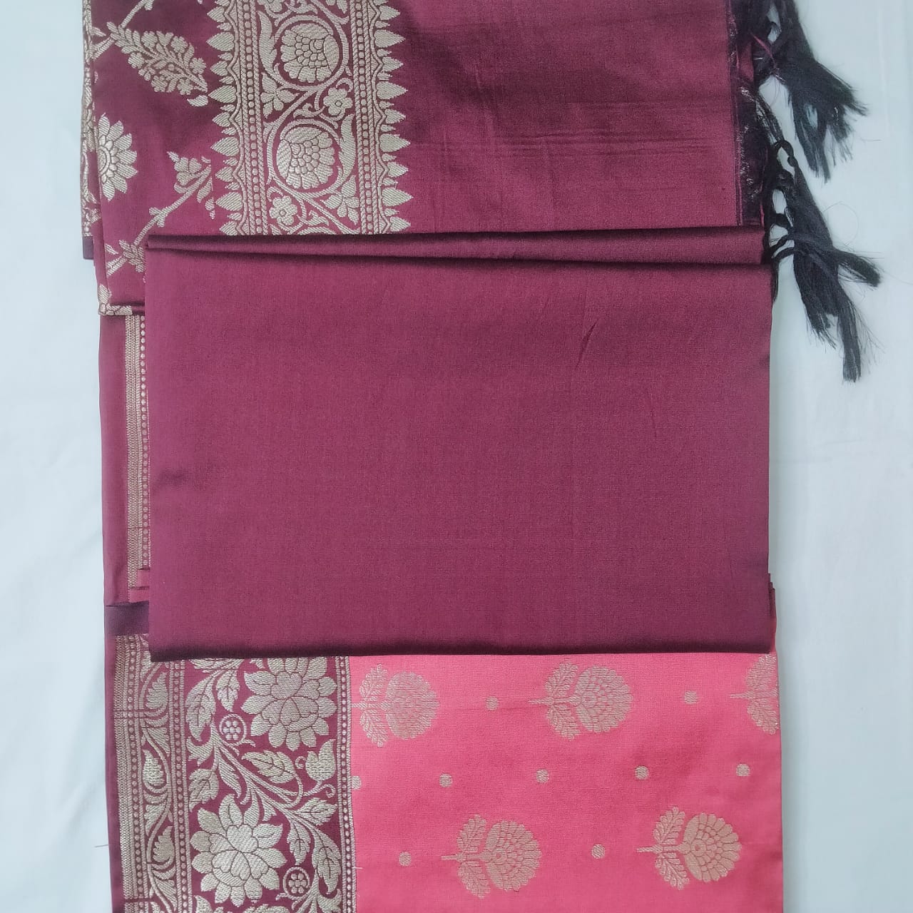 Banarasi Silk Maroon Jacquard Zari Booti Contrast Border Suit