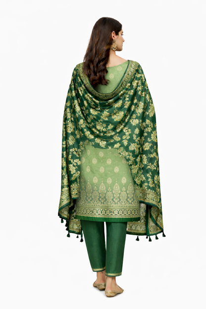 Banarasi Silk Green Jacquard Zari Booti Contrast Border Suit