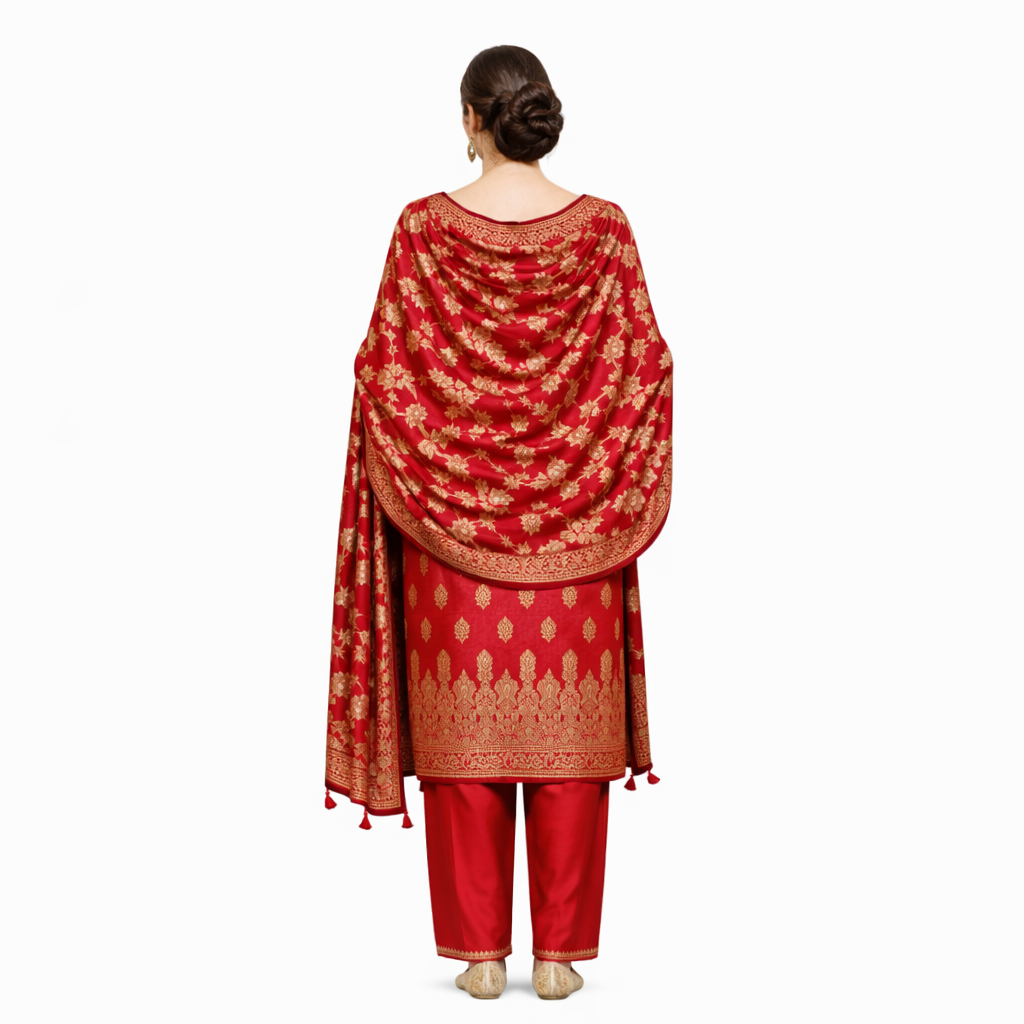 Banarasi Silk Red Jacquard Zari Booti Border Suit