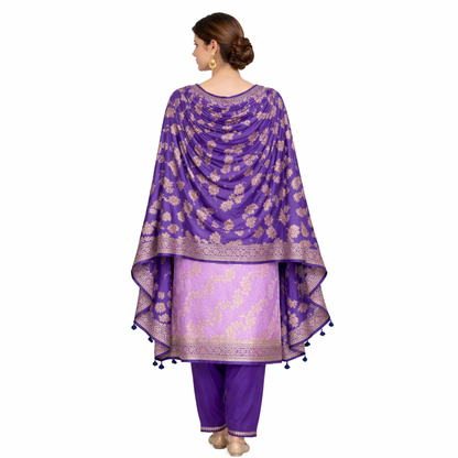 Banarasi Silk Pink-Blue Contrast Alfi Zari Border Suit