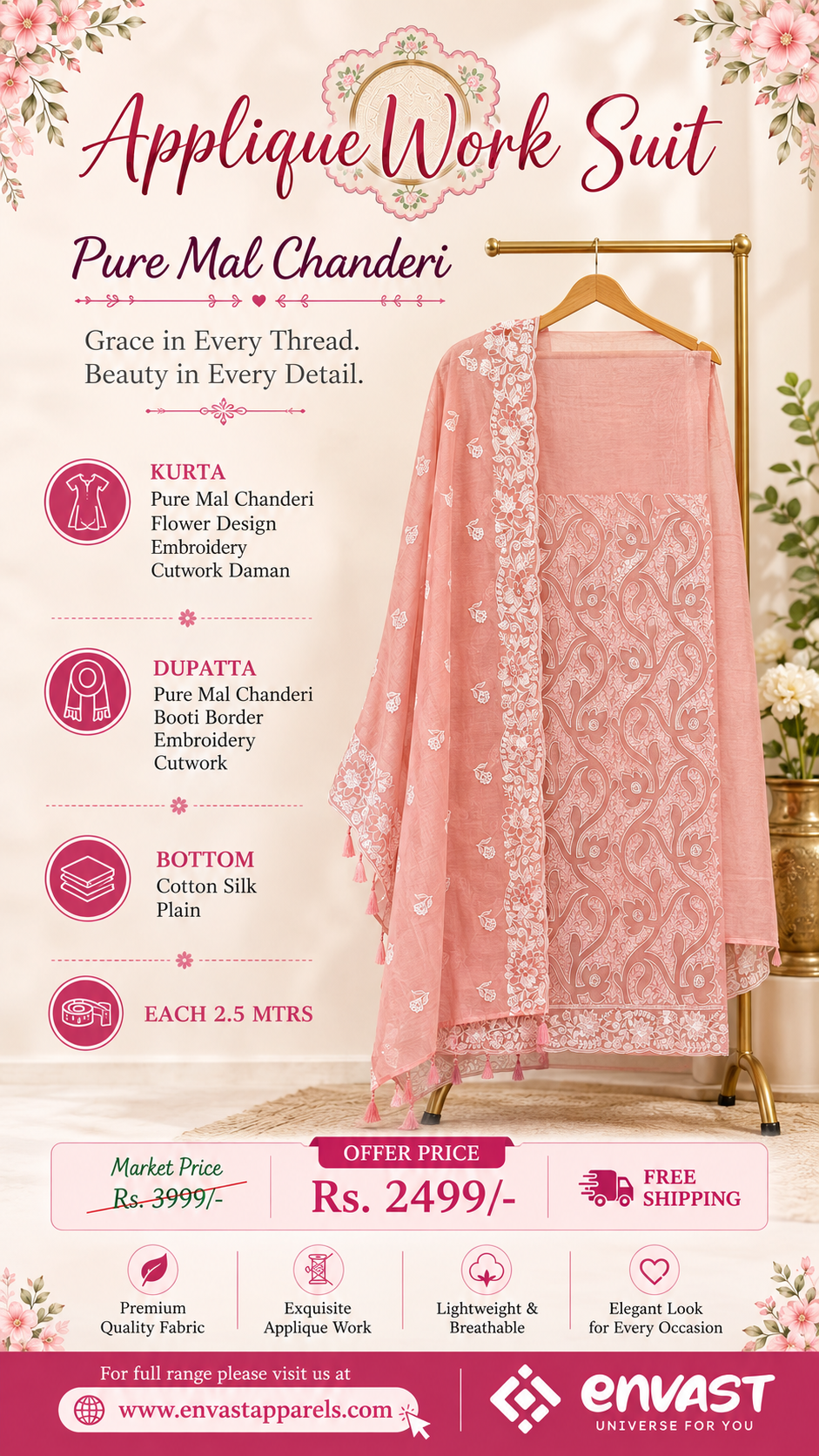 Pure Mal Chanderi Peach Heavy Thread Embroidery and Applique Work-3 piece suit
