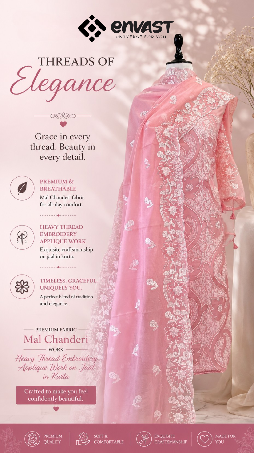 Pure Mal Chanderi Heavy Thread Embroidery & Appliqué Work 3-Piece Unstitched Pink Suit Material