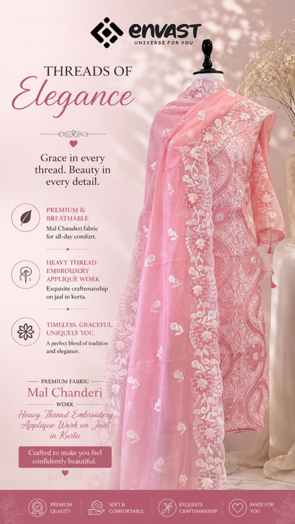 Pure Mal Chanderi Heavy Thread Embroidery & Appliqué Work 3-Piece Unstitched Pink Suit Material