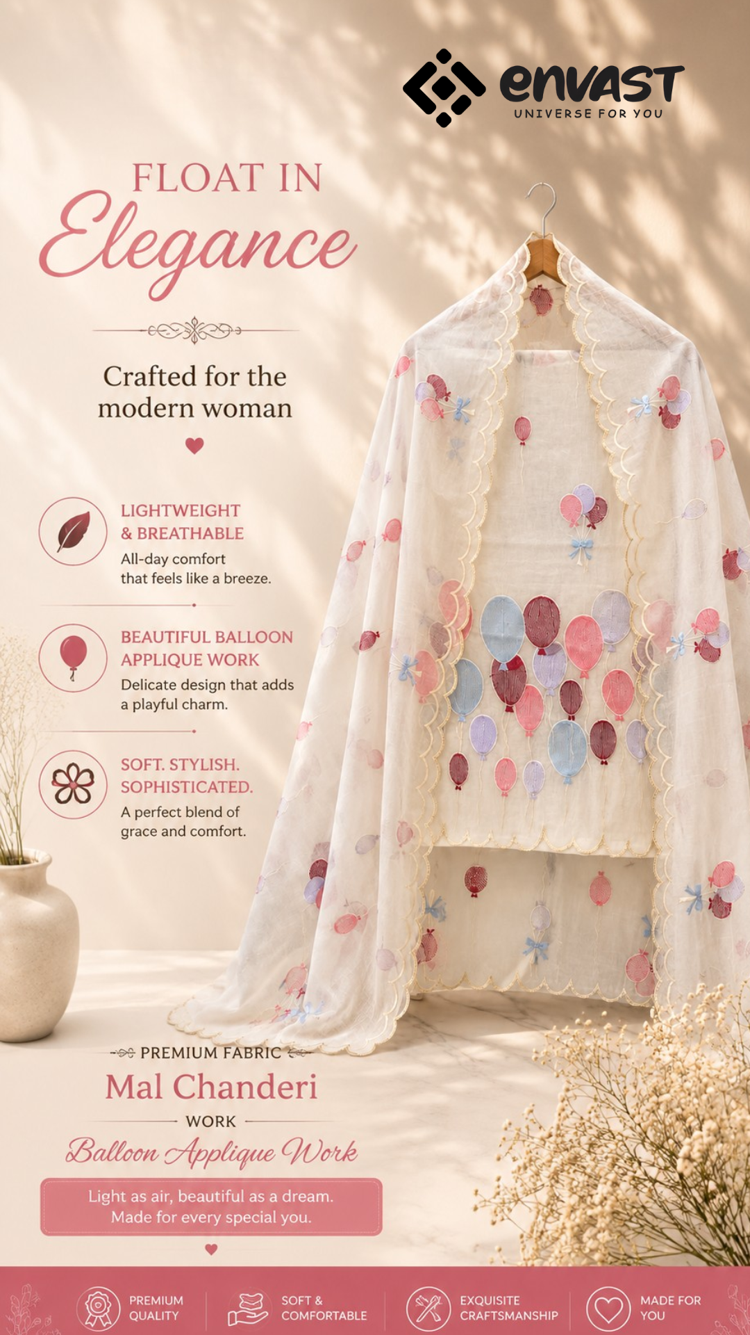 Premium Mal Chanderi Maroon Balloon Appliqué & Embroidery Work Unstitched Suit Material – Ivory