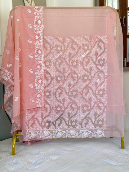 Pure Mal Chanderi Peach Heavy Thread Embroidery and Applique Work-3 piece suit