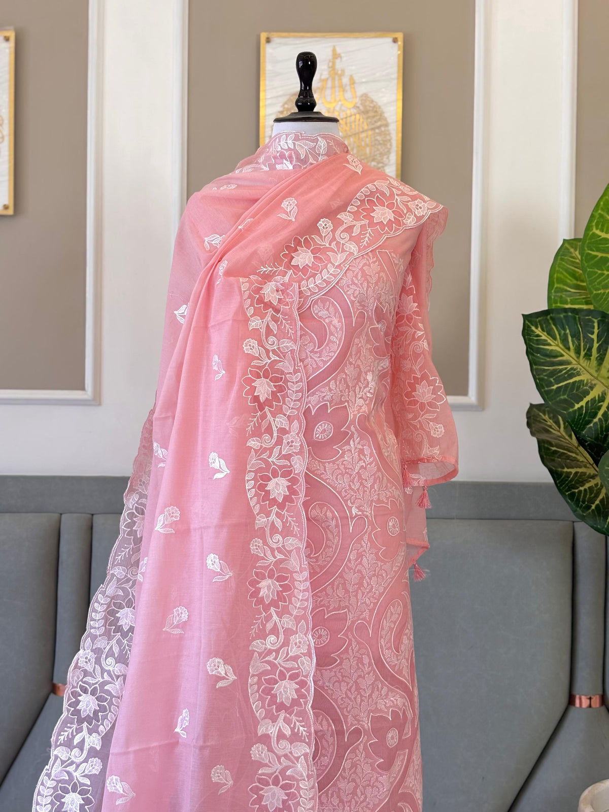 Pure Mal Chanderi Heavy Thread Embroidery & Appliqué Work 3-Piece Unstitched Pink Suit Material