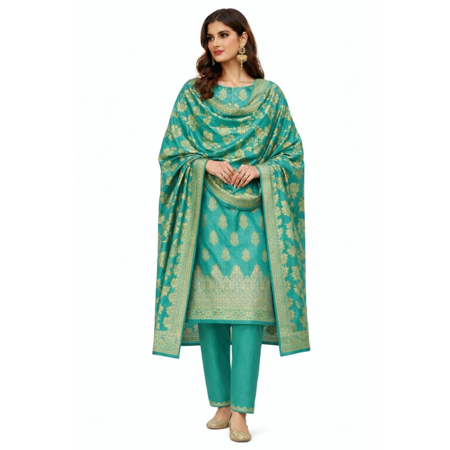 Banarasi Silk Mint Green Jacquard Zari Booti Border Suit