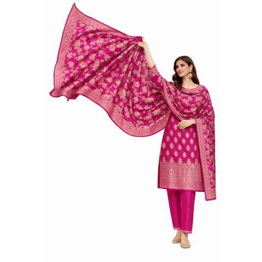 Banarasi Silk Dark Pink Jacquard Zari Booti Border Suit