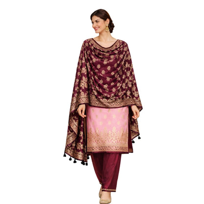 Banarasi Silk Pink-Maroon Jacquard Zari Booti Contrast Border Suit