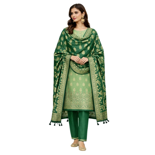 Banarasi Silk Green Jacquard Zari Booti Contrast Border Suit