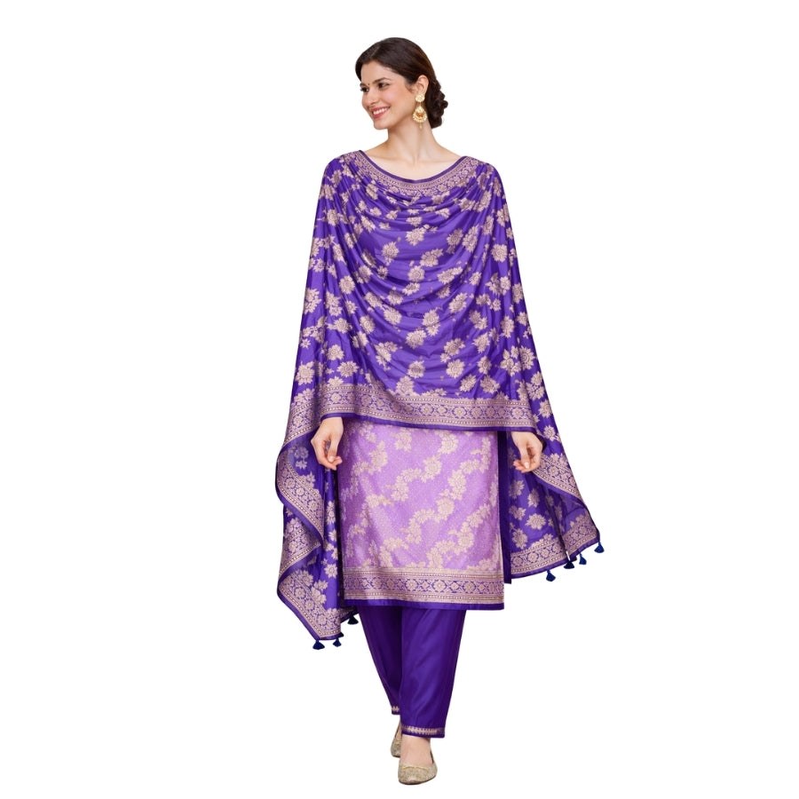 Banarasi Silk Pink-Blue Contrast Alfi Zari Border Suit