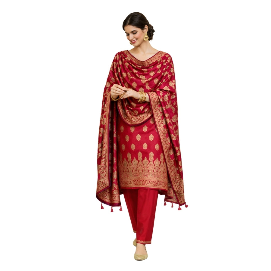 Banarasi Silk Red Jacquard Zari Booti Border Suit