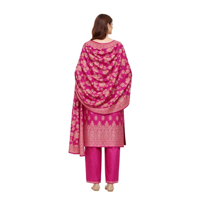 Banarasi Silk Dark Pink Jacquard Zari Booti Border Suit