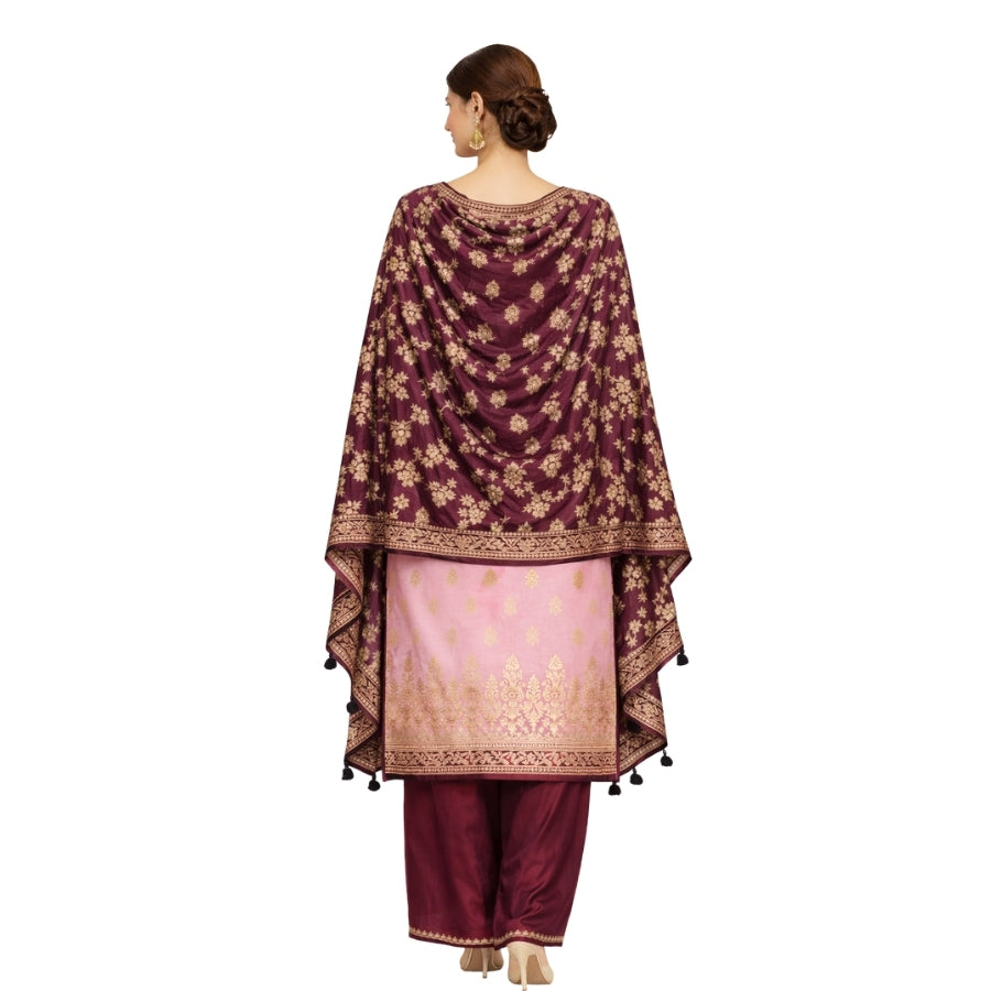 Banarasi Silk Pink-Maroon Jacquard Zari Booti Contrast Border Suit