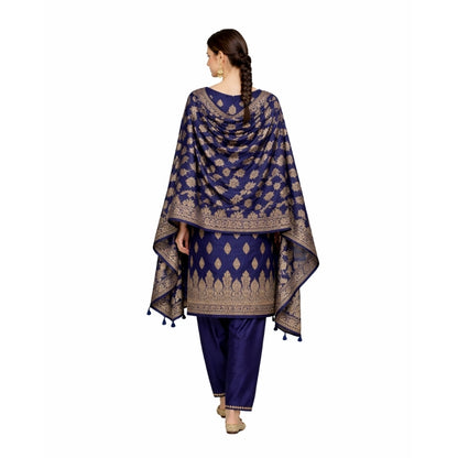 Banarasi Silk Dark Blue Jacquard Zari Booti Border Suit