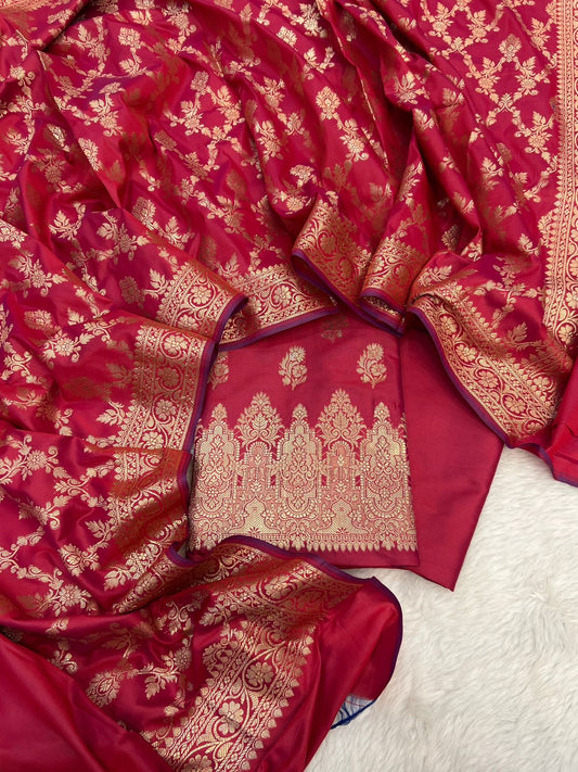 Banarasi Silk Red Jacquard Zari Booti Border Suit