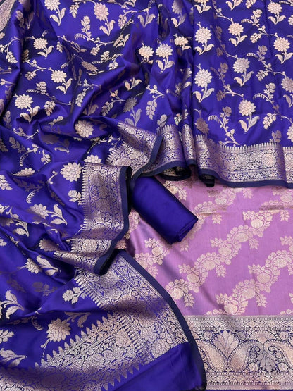 Banarasi Silk Pink-Blue Contrast Alfi Zari Border Suit