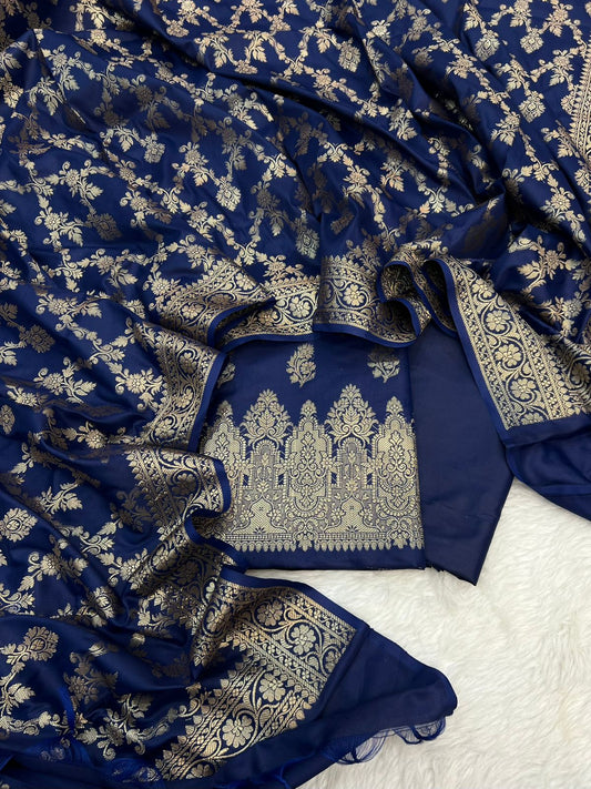 Banarasi Silk Dark Blue Jacquard Zari Booti Border Suit