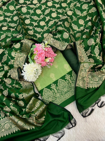 Banarasi Silk Green Jacquard Zari Booti Contrast Border Suit