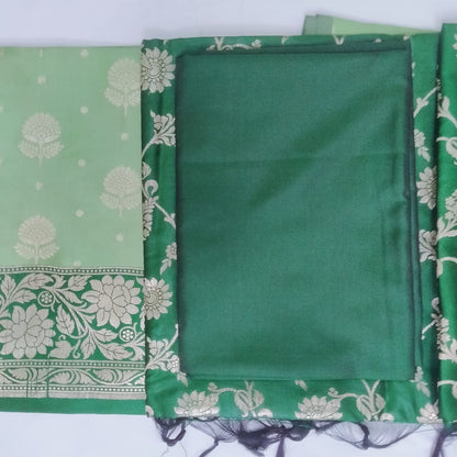Banarasi Silk Green Jacquard Zari Booti Contrast Border Suit