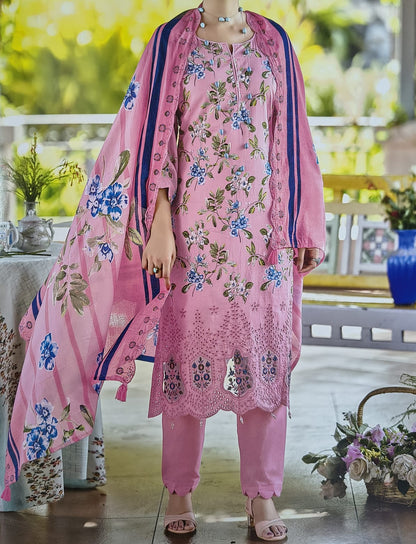 Pink Cambric Lawn Cotton Printed Suit with Self Embroidery & Mal Mal Dupatta