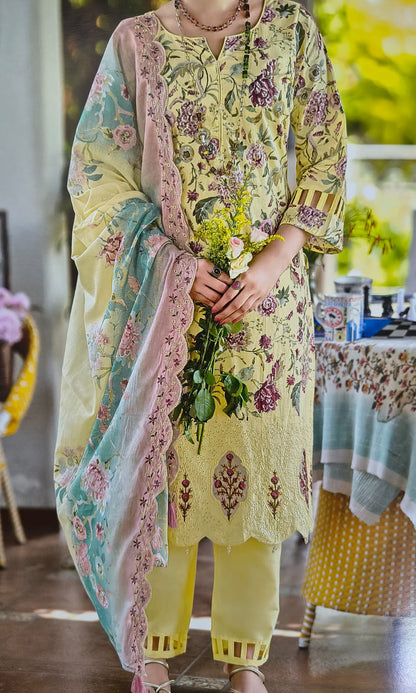 Lemon Yellow Brown Cambric Cotton Suit with Self Embroidery and Malmal Dupatta