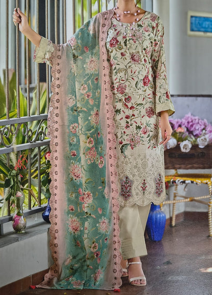 Peach Cambric Lawn Cotton Dusty Rose Printed Suit with Self Embroidery & Mal Mal Dupatta
