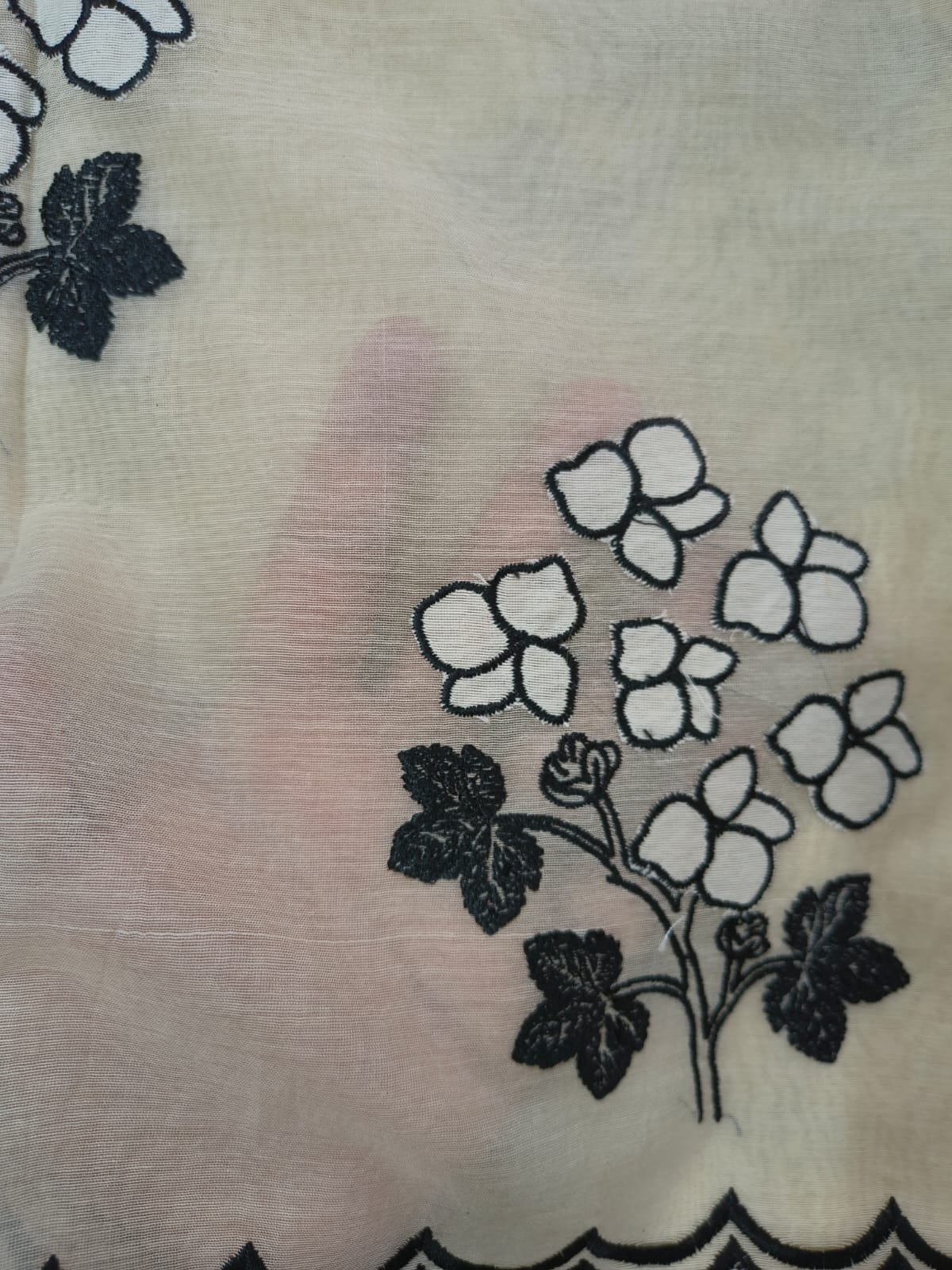 Ivory Mal Chanderi Suit with Black Thread Embroidery & Cotton Appliqué Cutwork