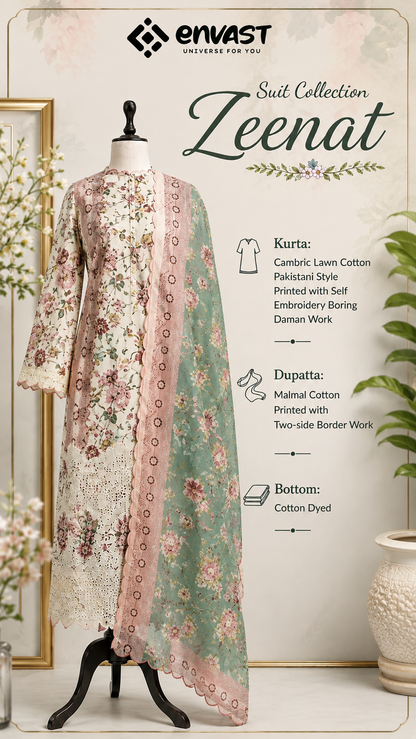 Peach Cambric Lawn Cotton Dusty Rose Printed Suit with Self Embroidery & Mal Mal Dupatta